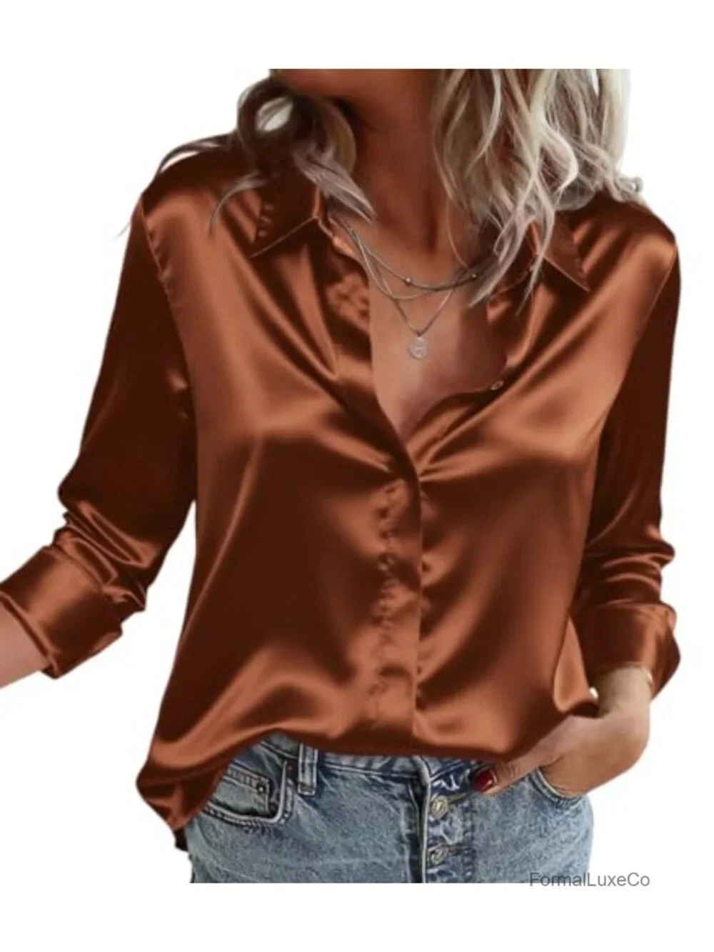 Satin Button Down Shirt Long Sleeve Silk Blouse Dressy Work Tunic Top